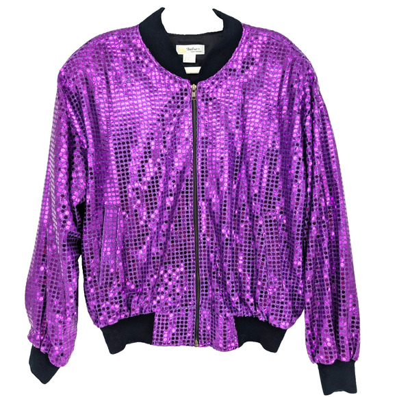 Vintage 80s Purple Shimmer Glam Metallic Sequin Foil Dot Bling Bomber Jacket LRG - Picture 3 of 8